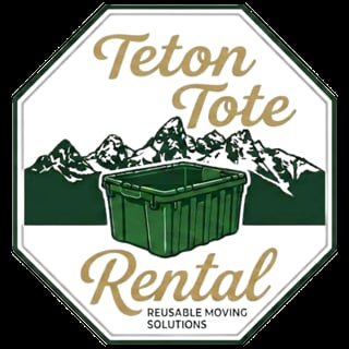 Teton Tote Rental logo featuring green plastic moving bins with snowy mountain peaks and text for reusable moving solutions.