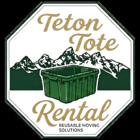 Teton Tote Rental logo featuring green moving bins with mountain peaks