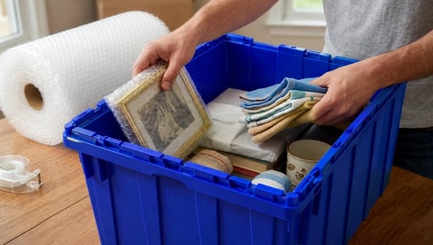 Person holding a paintbrush over a blue plastic crate filled with painting supplies and materials on a wooden table