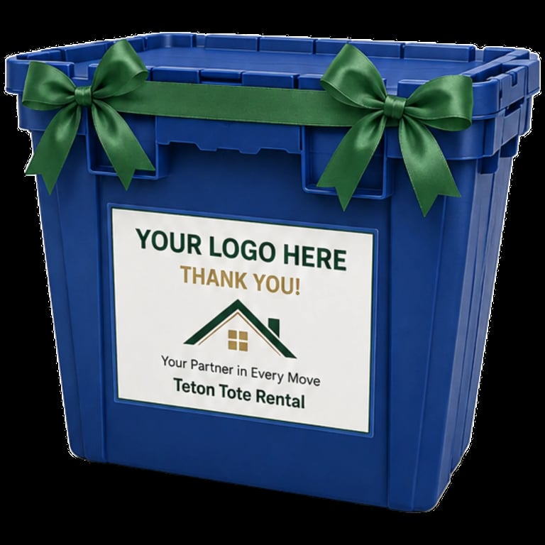 Blue plastic donation container with green ribbon bows, customizable logo area, and Teton Tote Rental branding label