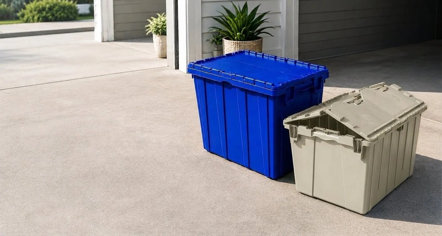 Two plastic storage bins on a driveway, one blue and one beige, with a potted plant and garage in the background