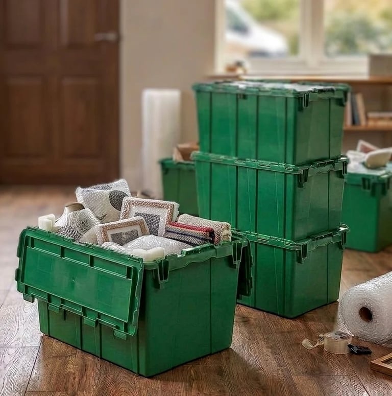 Green plastic storage containers stacked in a home interior, with one open container holding linens and household items